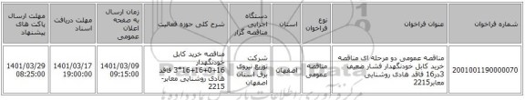 مناقصه عمومی دو مرحله ای مناقصه خرید کابل خودنگهدار فشار ضعیف 3در16 فاقد هادی روشنایی معابر2215