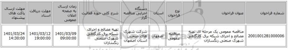 مناقصه عمومی یک مرحله ای تهیه مصالح و اجرای شبکه برق کارگاهی شهرک صنعتی رنگسازان 