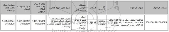 مناقصه عمومی یک مرحله ای اجرای خط انتقال به همراه شبکه توزیع آب کارگاهی شهرک صنعتی اردستان 
