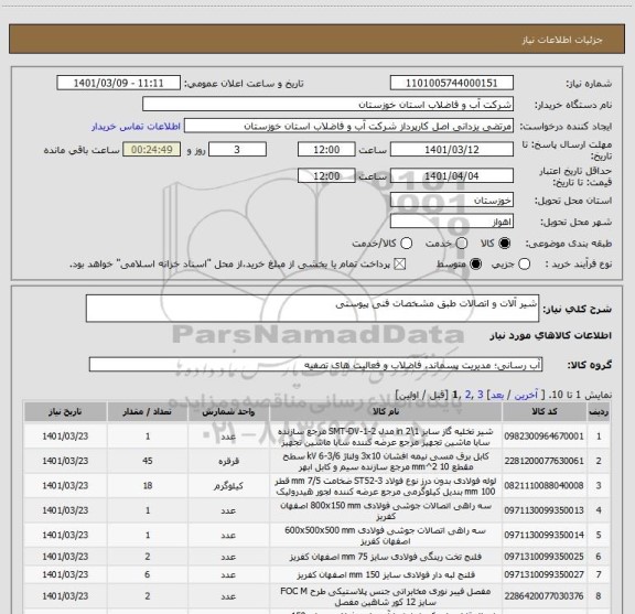 استعلام شیر آلات و اتصالات طبق مشخصات فنی پیوستی