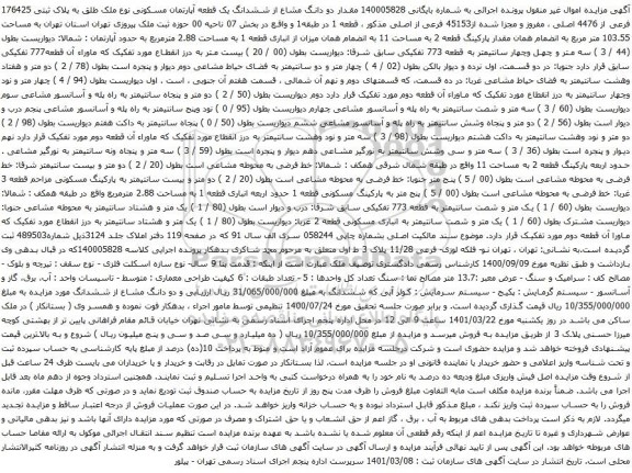 آگهی مزایده مقدار دو دانگ مشاع از ششدانگ یک قطعه آپارتمان مسکونی نوع ملک طلق به پلاک ثبتی 176425 فرعی از 4476 اصلی ، مفروز و مجزا شده از45153 فرعی