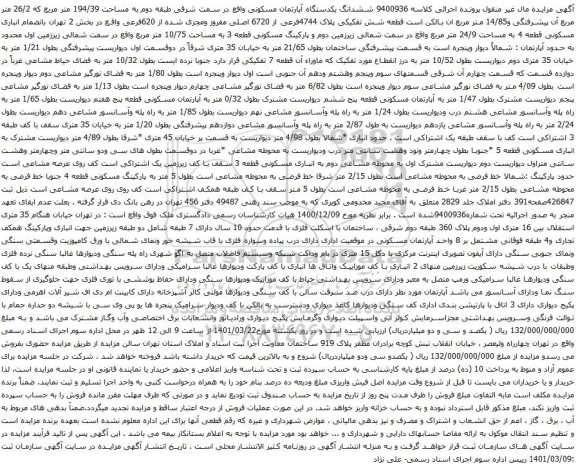 آگهی مزایده ششدانگ یکدستگاه آپارتمان مسکونی واقع در سمت شرقی طبقه دوم به مساحت 194/39 متر مربع 