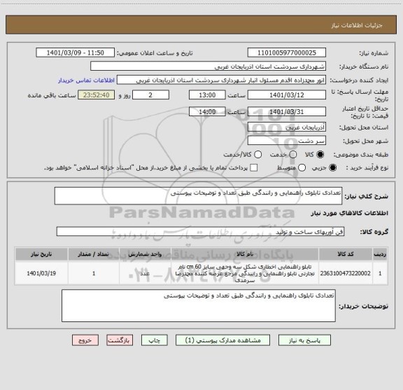 استعلام تعدادی تابلوی راهنمایی و رانندگی طبق تعداد و توضیحات پیوستی