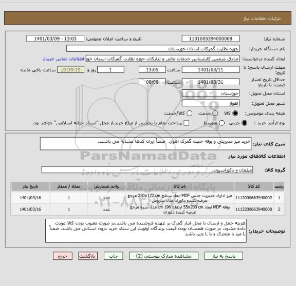 استعلام خرید میز مدیریتی و بوفه جهت گمرک اهواز.  ضمناً ایران کدها مشابه می باشند.