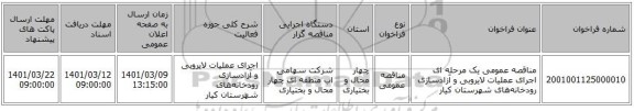 مناقصه، مناقصه عمومی یک مرحله ای اجرای عملیات لایروبی و آزادسازی رودخانه‌های شهرستان‌ کیار
