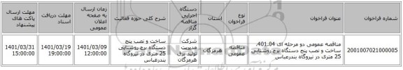 مناقصه، مناقصه عمومی دو مرحله ای 401.04، ساخت و نصب پنج دستگاه برج روشنایی 25 متری در نیروگاه بندرعباس