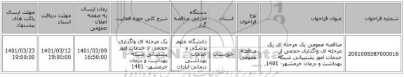 مناقصه، مناقصه عمومی یک مرحله ای یک مرحله ای واگذاری حجمی از خدمات امور پشتیبانی شبکه بهداشت و درمان خرمشهر- 1401