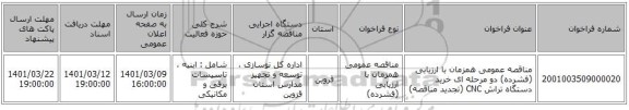 مناقصه، مناقصه عمومی همزمان با ارزیابی (فشرده) دو مرحله ای خرید دستگاه تراش CNC  (تجدید مناقصه)