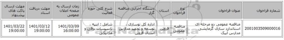 مناقصه، مناقصه عمومی دو مرحله ای استاندارد سازی گرمایشی مدارس آبیک 