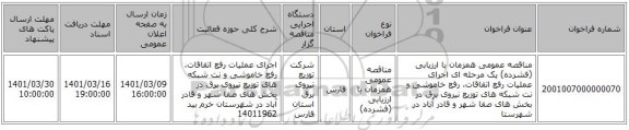 مناقصه، مناقصه عمومی همزمان با ارزیابی (فشرده) یک مرحله ای اجرای عملیات رفع اتفاقات، رفع خاموشی و نت شبکه های توزیع نیروی برق در بخش های صفا شهر و قادر آباد در شهرستا