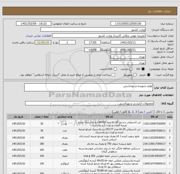 استعلام لوازم شوینده و بهداشتی