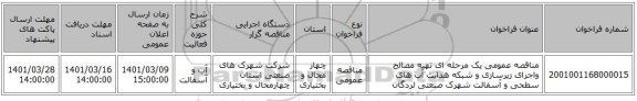 مناقصه، مناقصه عمومی یک مرحله ای تهیه مصالح واجرای زیرسازی و شبکه هدایت آب های سطحی و آسفالت شهرک صنعتی لردگان