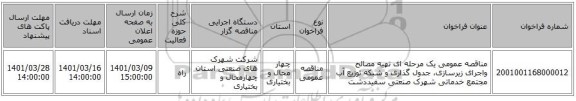 مناقصه، مناقصه عمومی یک مرحله ای تهیه مصالح واجرای زیرسازی، جدول گذاری و شبکه توزیع آب مجتمع خدماتی شهرک صنعتی سفیددشت