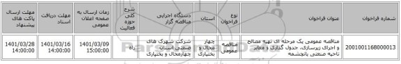 مناقصه، مناقصه عمومی یک مرحله ای تهیه مصالح و اجرای زیرسازی، جدول گذاری و معابر ناحیه صنعتی یانچشمه