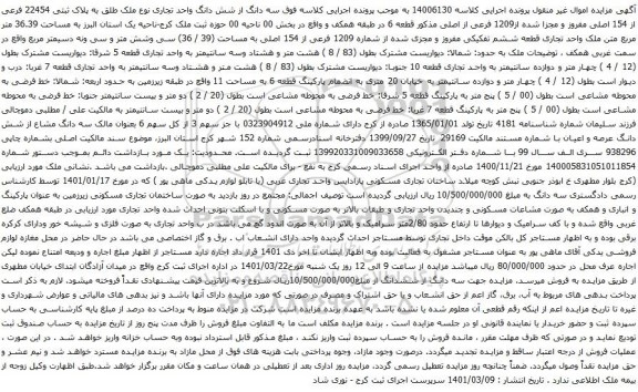آگهی مزایده سه دانگ از شش دانگ واحد تجاری نوع ملک طلق به پلاک ثبتی 22454 فرعی از 154 اصلی