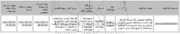 مناقصه، مناقصه عمومی یک مرحله ای فاز اول احدث ساختمان مدیریت آتش نشانی و سایر تاسیسات( اسکلت ساختمان ) شهرداری سی سخت