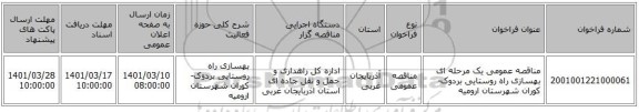 مناقصه، مناقصه عمومی یک مرحله ای بهسازی راه روستایی بردوک-کوران شهرستان ارومیه ‏‏‏‏