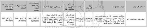 مناقصه، مناقصه عمومی یک مرحله ای خرید، بارگیری، حمل، باراندازی و تحویل لوله پلی اتیلن مورد نیاز پروژه آبرسانی شهر سلماس و تازه شهر