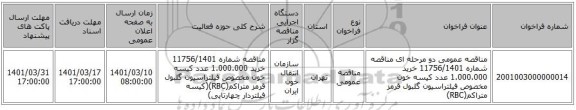 مناقصه، مناقصه عمومی دو مرحله ای مناقصه شماره 11756/1401 خرید 1.000.000 عدد کیسه خون مخصوص فیلتراسیون گلبول قرمز متراکم(RBC)
