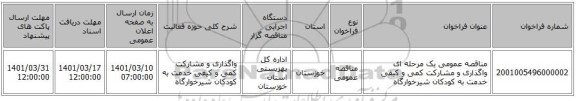 مناقصه، مناقصه عمومی یک مرحله ای واگذاری و مشارکت کمی و کیفی خدمت به کودکان شیرخوارگاه