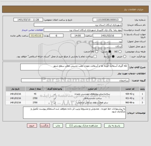 استعلام  لکه گیری آسفالت کوچه ها و آسفالت نمودن عقب نشینی معابر سطح شهر