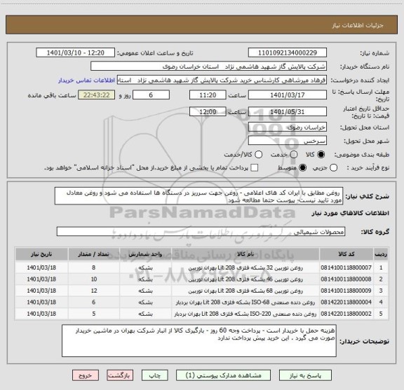 استعلام  روغن مطابق با ایران کد های اعلامی - روغن جهت سرریز در دستگاه ها استفاده می شود و روغن معادل مورد تایید نیست- پیوست حتما مطالعه شود