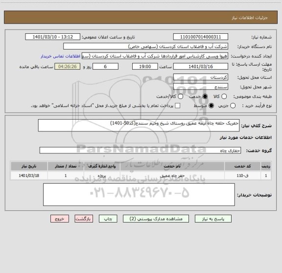 استعلام حفریک حلقه چاه نیمه عمیق روستای شیخ وجیم سنندج(کد50-1401)