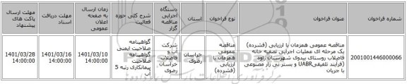 مناقصه، مناقصه عمومی همزمان با ارزیابی (فشرده) یک مرحله ای عملیات اجرایی تصفیه خانه فاضلاب روستای بیدوی شهرستان زاوه (فرآیند تلفیقیUABR و بستر نی زار مصنوعی با جریان