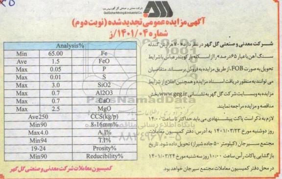 تجدید مناقصه 70 هزار تن گندله سنگ آهن با عیار 65 درصد