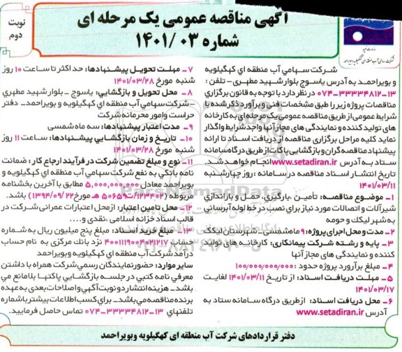مناقصه  تامین، بارگیری، حمل و باراندازی شیرآلات و اتصالات 