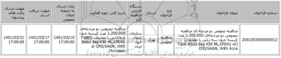 مناقصه، مناقصه عمومی دو مرحله ای مناقصه عمـومی دو مرحـله‌ای 1.200.000 عدد کیـسه خـون سه تـایی با ملحـقات (Triple Blood Bag 450 ML,CPDA1 or CPD/SAGM, With Acce