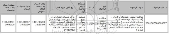 مناقصه، مناقصه عمومی همزمان با ارزیابی (فشرده) یک مرحله ای اجرای عملیات انتقال نیرو و برقرسانی به شهرک صنعتی از ایستگاه قیصریه به خور در سطح شهرستان لارستان به صورت ا