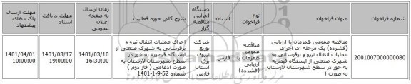 مناقصه، مناقصه عمومی همزمان با ارزیابی (فشرده) یک مرحله ای اجرای عملیات انتقال نیرو و برقرسانی به شهرک صنعتی از ایستگاه قیصریه به خور در سطح شهرستان لارستان به صورت ا