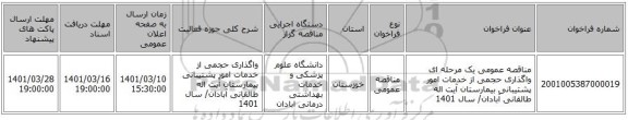 مناقصه، مناقصه عمومی یک مرحله ای واگذاری حجمی از خدمات امور پشتیبانی بیمارستان آیت اله طالقانی آبادان/ سال 1401