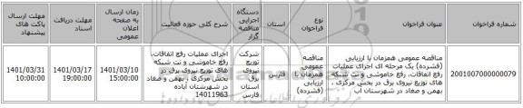 مناقصه، مناقصه عمومی همزمان با ارزیابی (فشرده) یک مرحله ای اجرای عملیات رفع اتفاقات، رفع خاموشی و نت شبکه های توزیع نیروی برق در بخش مرکزی ، بهمن و صغاد در شهرستان آب