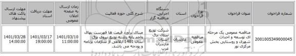 مناقصه، مناقصه عمومی یک مرحله ای توسعه و احداث شهری و روستایی بخش مرکزی نور