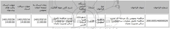 مناقصه، مناقصه عمومی یک مرحله ای تجدید مناقصه تکمیل عملیات ساختمانی سالن مدیریت بحران