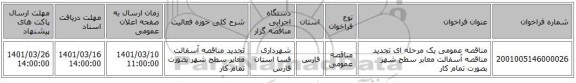 مناقصه، مناقصه عمومی یک مرحله ای تجدید مناقصه آسفالت معابر سطح شهر بصورت تمام کار