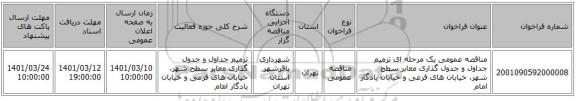 مناقصه، مناقصه عمومی یک مرحله ای  ترمیم جداول و جدول گذاری معابر سطح شهر، خیابان های فرعی و خیابان یادگار امام