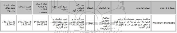 مناقصه، مناقصه عمومی همزمان با ارزیابی (یکپارچه) یک مرحله ای خرید بارگیری و حمل کنتور مولتی جت و تحویل در انبار کارفرما