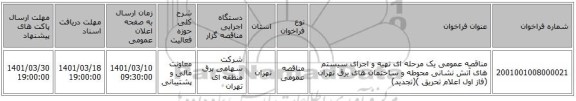 مناقصه، مناقصه عمومی یک مرحله ای تهیه و اجرای سیستم های آتش نشانی محوطه و ساختمان های برق تهران (فاز اول اعلام تحریق )(تجدید)