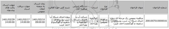 مناقصه، مناقصه عمومی یک مرحله ای پروژه اجرای شبکه آب شرب روستاهای سمرون و گورگنجو و احمد غریب