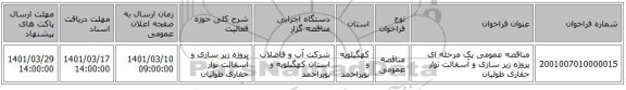 مناقصه، مناقصه عمومی یک مرحله ای پروژه زیر سازی و آسفالت نوار حفاری طولیان