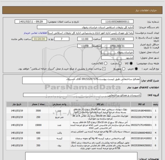 استعلام مصالح ساختمانی طبق لیست پیوست.09153207376 آقای خسروی