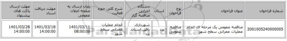 مناقصه، مناقصه عمومی یک مرحله ای انجام عملیات عمرانی سطح شهر