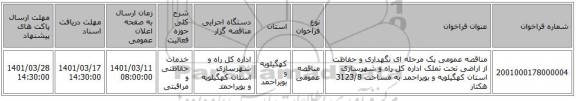 مناقصه، مناقصه عمومی یک مرحله ای نگهداری و حفاظت از اراضی تحت تملک اداره کل راه و شهرسازی استان کهگیلویه و بویراحمد به مساحت 3123/8 هکتار