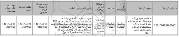 مناقصه، مناقصه عمومی یک مرحله ای انجام عملیات حفر ترانشه و دفن پسماندهای عادی و بیمارستانی شهر سبزوار