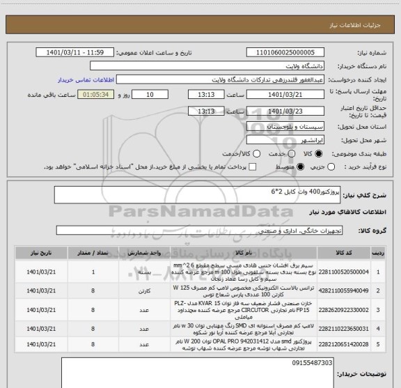 استعلام پروژکتور400 وات کابل 2*6
