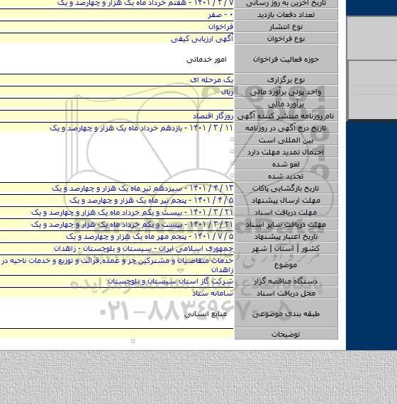 مناقصه, خدمات متقاضیان و مشترکین چز و عمده٬قرائت و توزیع و خدمات ناحیه در شهرستان زاهدان