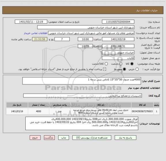استعلام 4000عدد جدول 50*35*15 کانالی بتنی درجه 1